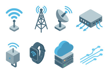 Digital communication icons: wifi, antenna, satellite, router, smartwatch, cloud, server, network