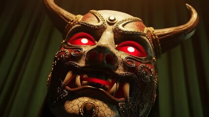 Ornate horned demon mask illuminated by glowing red eyes and cracked ceramic texture. - Powered by Adobe
