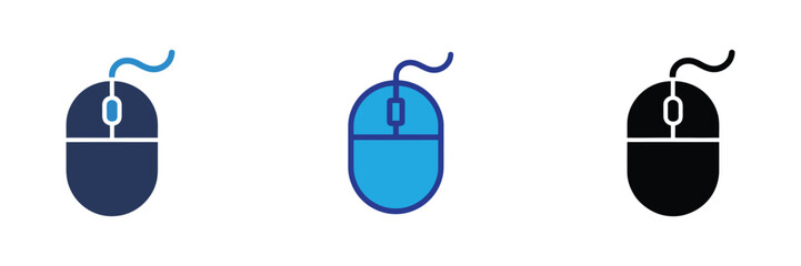Three computer mouse icons in different colors dark blue, bright blue, and black, isolated on transparent background