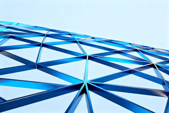 Geometric blue metallic structure with triangular grid pattern against a light sky background