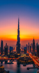 Obraz premium City Skyline at Dusk: The majestic skyline of a bustling metropolis at twilight, the iconic landmark pierces the sky as the sun paints the clouds with fiery hues, evoking feelings of awe and wonder.