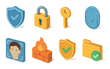 Cybersecurity icons: shield, lock, key, fingerprint, facial recognition, firewall, security, folder