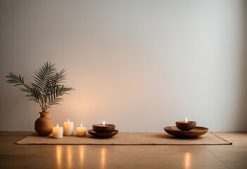 Meditation scene in minimalist room with candles and incense, peaceful Ambiance