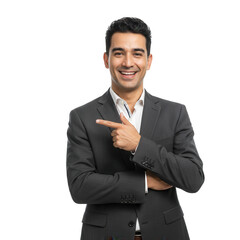Smiling businessman pointing sideways isolated on transparent background