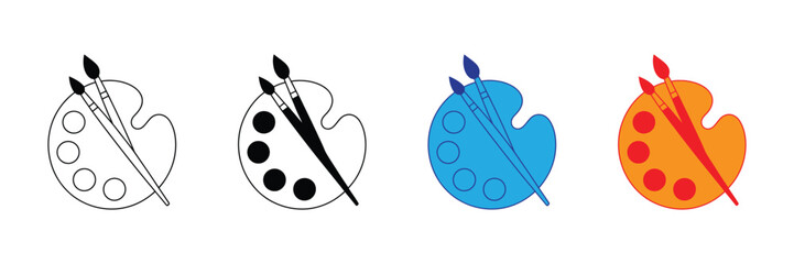 Four different artistic palettes with brushes, showing variations from sketch to full color, isolated on transparent background