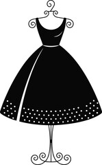 Vintage black dress on ornate mannequin, fashion illustration with scoop neckline and dotted hem, elegant vector design for boutique, tailoring, and dressmaking themes