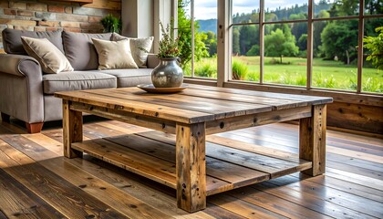 Rustic wooden coffee table in a living room