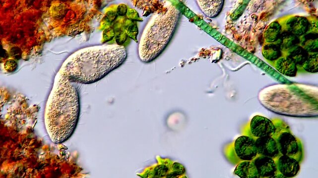 Movements of Protozoa and algae under microscope 