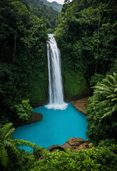 Photo Waterfall cascading into turquoise pool surrounded by lush jungle