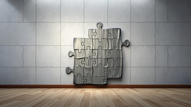 PIECE OF PUZZLE from a perspective on the wall. A thick sculpture made of metallic materials of 3D rendering. background and illustration