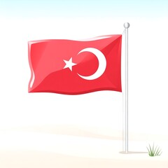 Cartoonish Turkish flag waving on a flagpole in sandy environment.  Simple illustration