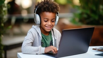 Small african american kid/boy studying using laptop and headphones or playing games, study online - Powered by Adobe