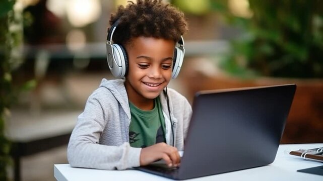 Small african american kid/boy studying using laptop and headphones or playing games, study online - Powered by Adobe