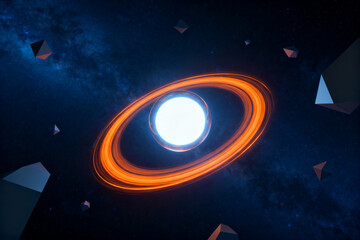 A glowing celestial body with orange rings surrounded by floating geometric shapes in a dark cosmic environment