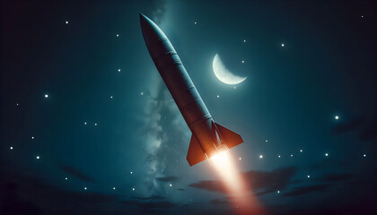 A Ballistic Missile Cruising High Above Mountain Peaks Under a Glowing Crescent Moon
