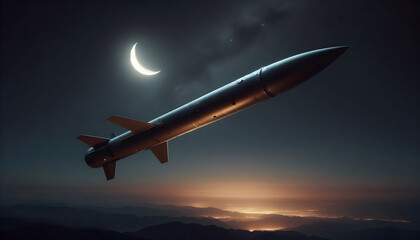 A Ballistic Missile Cruising High Above Mountain Peaks Under a Glowing Crescent Moon