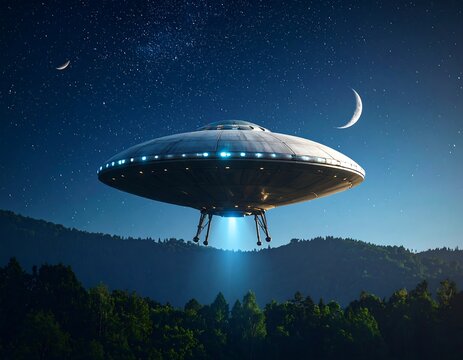 Futuristic UFO hovering over a night landscape