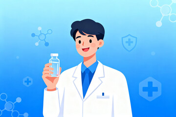 Scientist holding a medicine bottle in a laboratory setting with medical and molecular symbols in the background