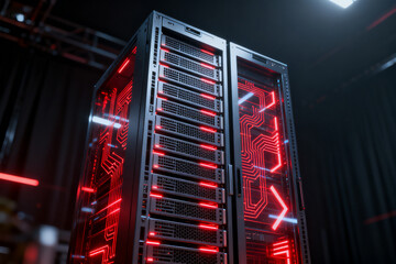 Server racks with red LED lighting in a data center environment