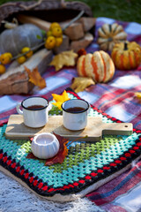 Cozy autumn picnic in the garden with pumpkins, colorful leaves, hot tea in enamel mugs, candlelight and warm blanket. Rustic fall atmosphere, relaxation and seasonal outdoor decoration