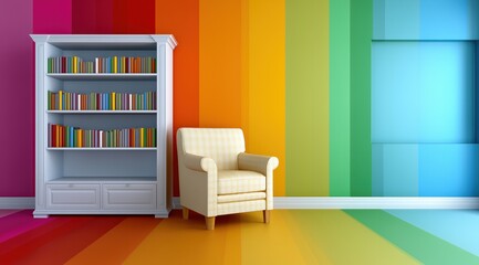 Une pièce d'habitation vibrante avec une bibliothèque, un fauteuil et un mur avec des rayures de couleur arc-en-ciel, ambiance ludique et amusante.