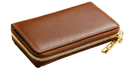 Brown leather zippered wallet isolated on transparent background