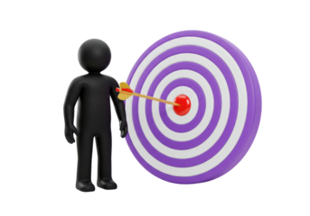 Black cartoon man with arrow hitting target isolated on transparent background PNG illustration Success and achievement concept