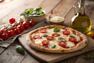 Freshly baked Margherita pizza with mozzarella, tomato, and basil on rustic wooden table