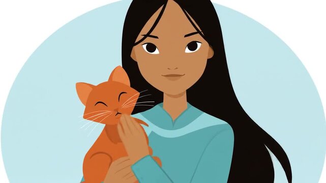 Girl holding cat illustration