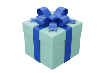 Mint green gift box with blue ribbon and bow isolated on transparent background PNG format for graphic design