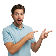 Surprised man pointing to sides isolated on transparent background