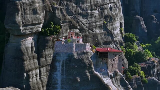 Aerial View of Meteora Monasteries Perched on Towering Rock Formations