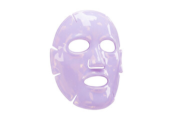 Isolated shiny purple sheet mask, beauty product with openings for eyes and mouth, hydrating