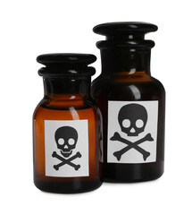 Bottles of poison with warning sign isolated on white
