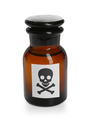 Bottle of poison with warning sign isolated on white