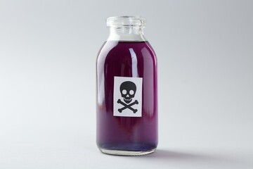 Bottle of poison with warning sign on light background