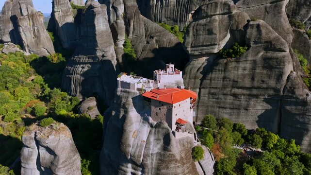 Aerial View of Meteora Monasteries Perched on Towering Rock Formations