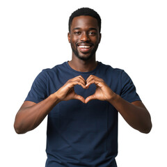Smiling black man making heart shape with hands isolated on transparent background