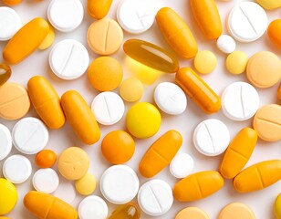 Assorted pills and capsules on white background (2)