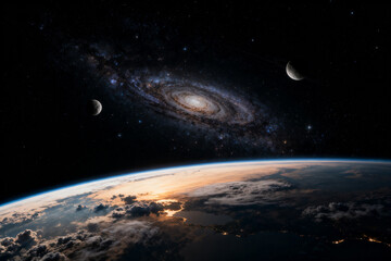 Earth from space with spiral galaxy and moons in the background