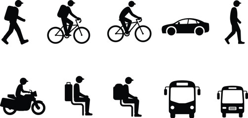 Transportation and travel silhouette icons including walking, biking, car, motorcycle, bus, airplane, seated passengers, urban mobility illustration for transit design, vector artwork