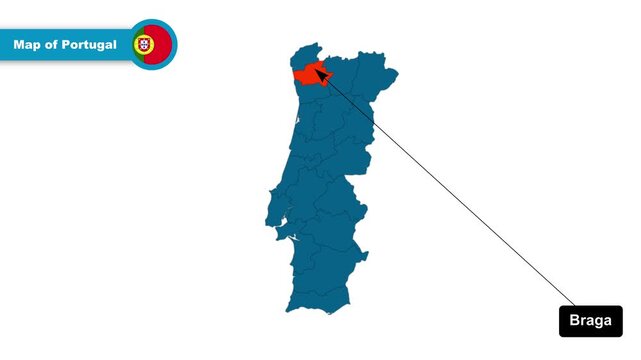 Braga Map Video, Portugal map, Political Map of Portugal, with all states, national flag and borders, travel, education, geography, and global studies.