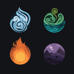 Four stylized elements water, wind, fire, and earth, depicted in round designs