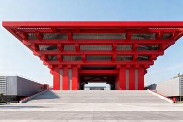 Modern red architectural structure with large overhanging roof and symmetrical design under clear sky