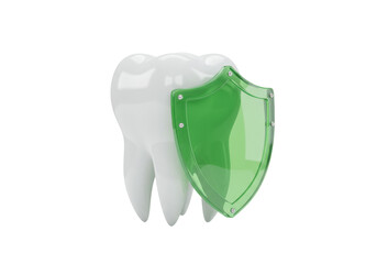 Isolated tooth with green shield, representing dental care and protection concept