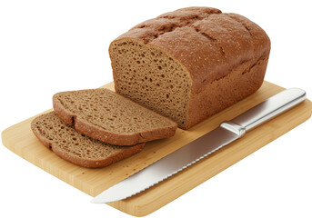 Isolated brown bread loaf sliced on a cutting board with a bread knife on display, studio shot