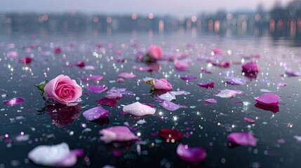 Pink Flower Petals Floating on Dark Water with Bokeh Lights at Dusk Creating Dreamy Scenery