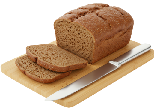 Isolated brown bread loaf sliced on a cutting board with a bread knife on display, studio shot