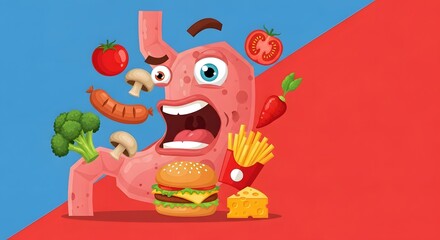Funny cartoon stomach character eating junk and healthy food, digestive system illustration concept showing nutrition choices, digestion, fast food vs vegetables balance, and healthy eating awareness