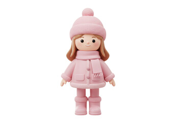Isolated cute girl doll in pink winter clothes, hat and scarf, a wintertime concept
